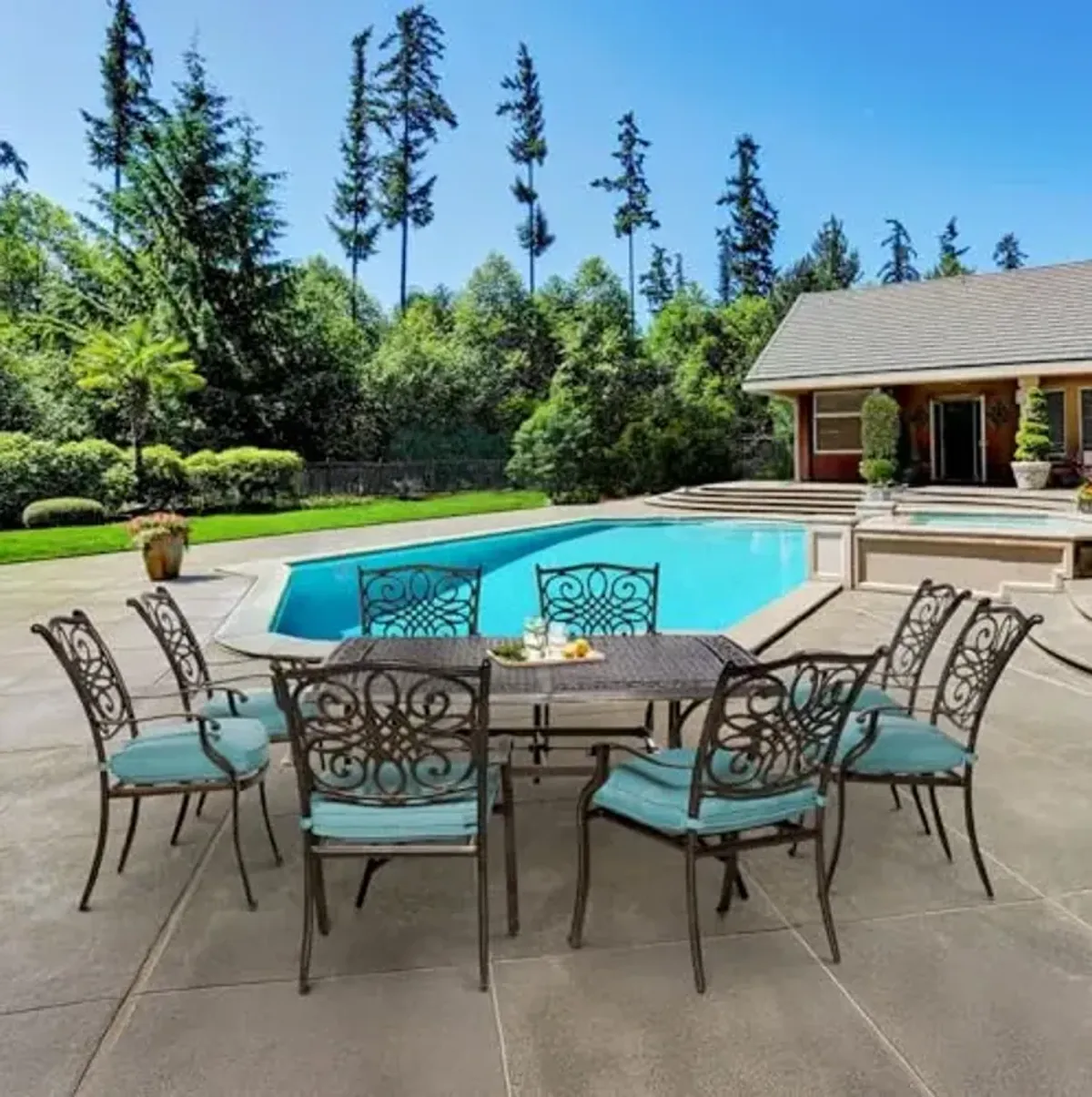 Hanover Traditions 9-Piece Patio Dining Set with 60" Square Cast-Top Dining Table and 8 Chairs with Blue Cushions, Modern All Weather Outdoor Dining Set with Rust-Resistant Aluminum Frames