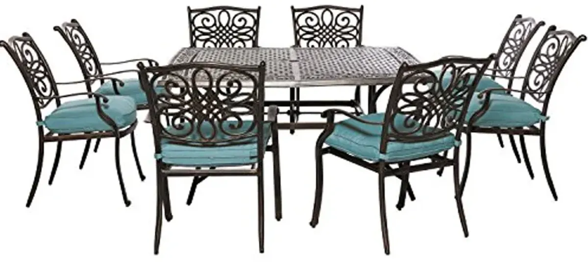 Hanover Traditions 9-Piece Patio Dining Set with 60" Square Cast-Top Dining Table and 8 Chairs with Blue Cushions, Modern All Weather Outdoor Dining Set with Rust-Resistant Aluminum Frames