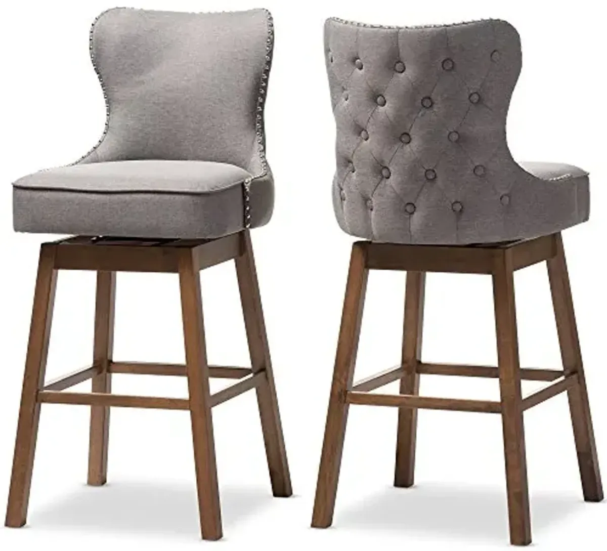 Baxton Studio Gradisca Modern and Contemporary Brown Wood Finishing and Grey Fabric Button-Tufted Upholstered Swivel Barstool