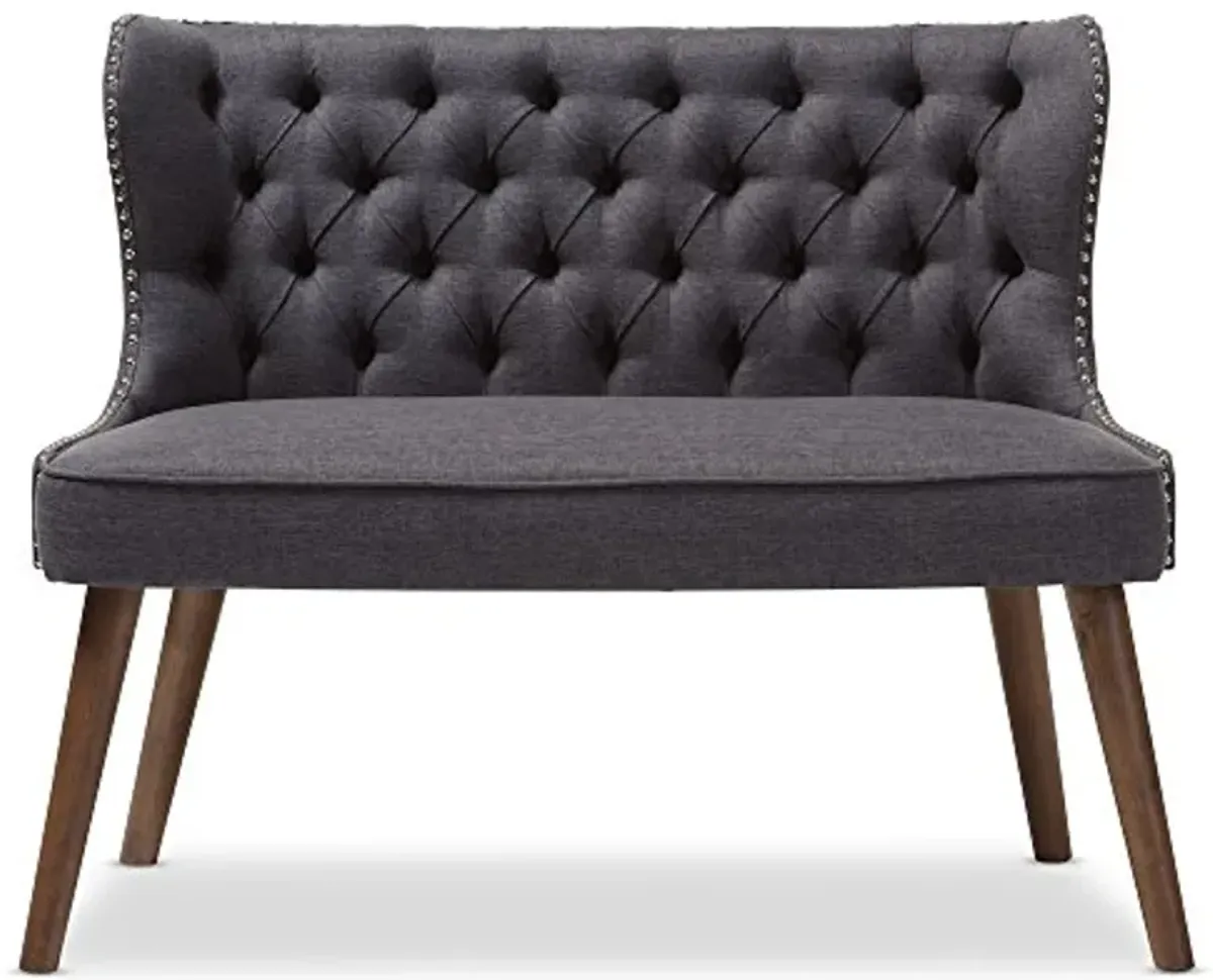 Baxton Studio Sydney Walnut Wood Button-Tufting with Nailheads Trim 2-Seater Loveseat Settee, Dark Grey