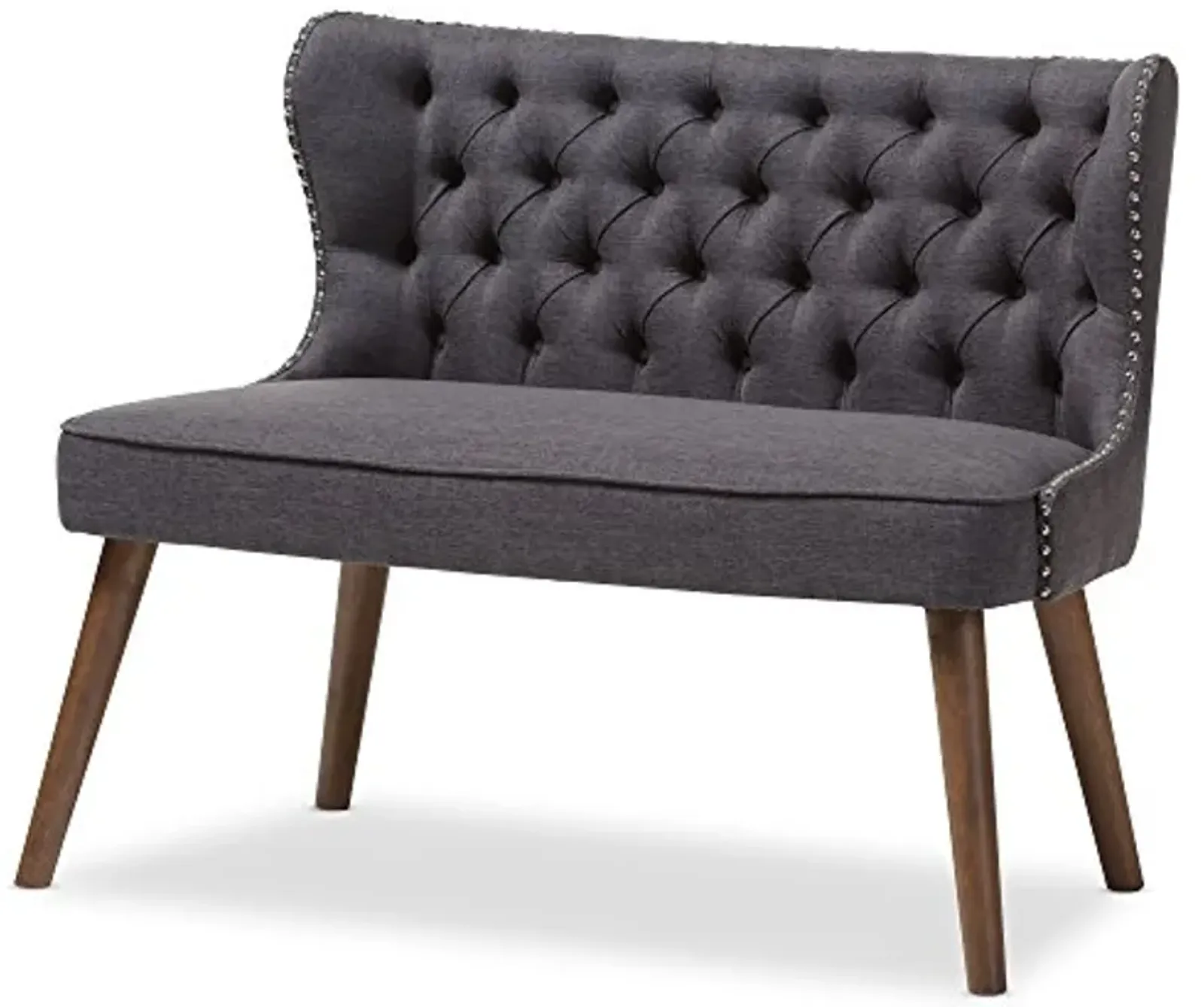 Baxton Studio Sydney Walnut Wood Button-Tufting with Nailheads Trim 2-Seater Loveseat Settee, Dark Grey