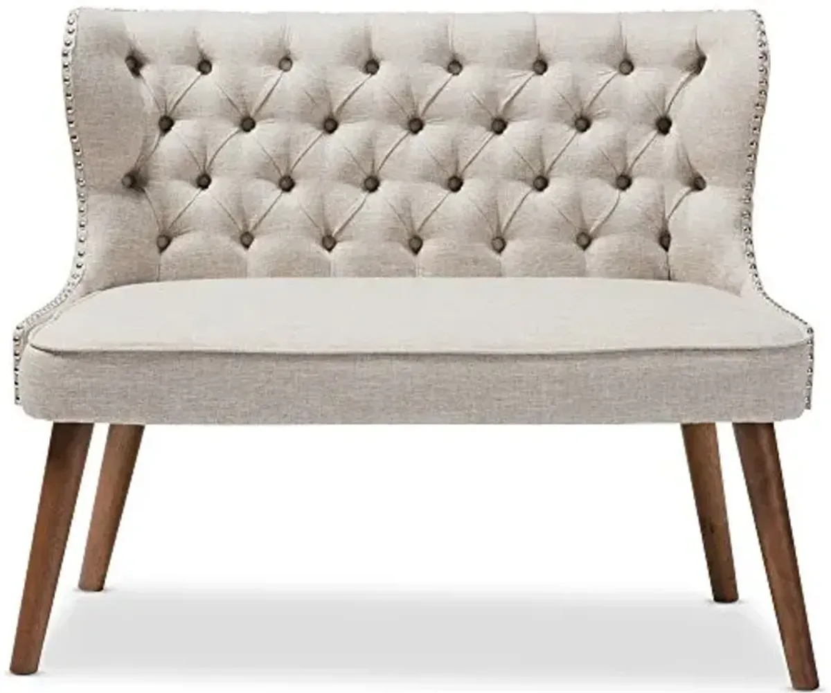 Baxton Studio Sydney Walnut Wood Button-Tufting with Nailheads Trim 2-Seater Loveseat Settee, Light Beige