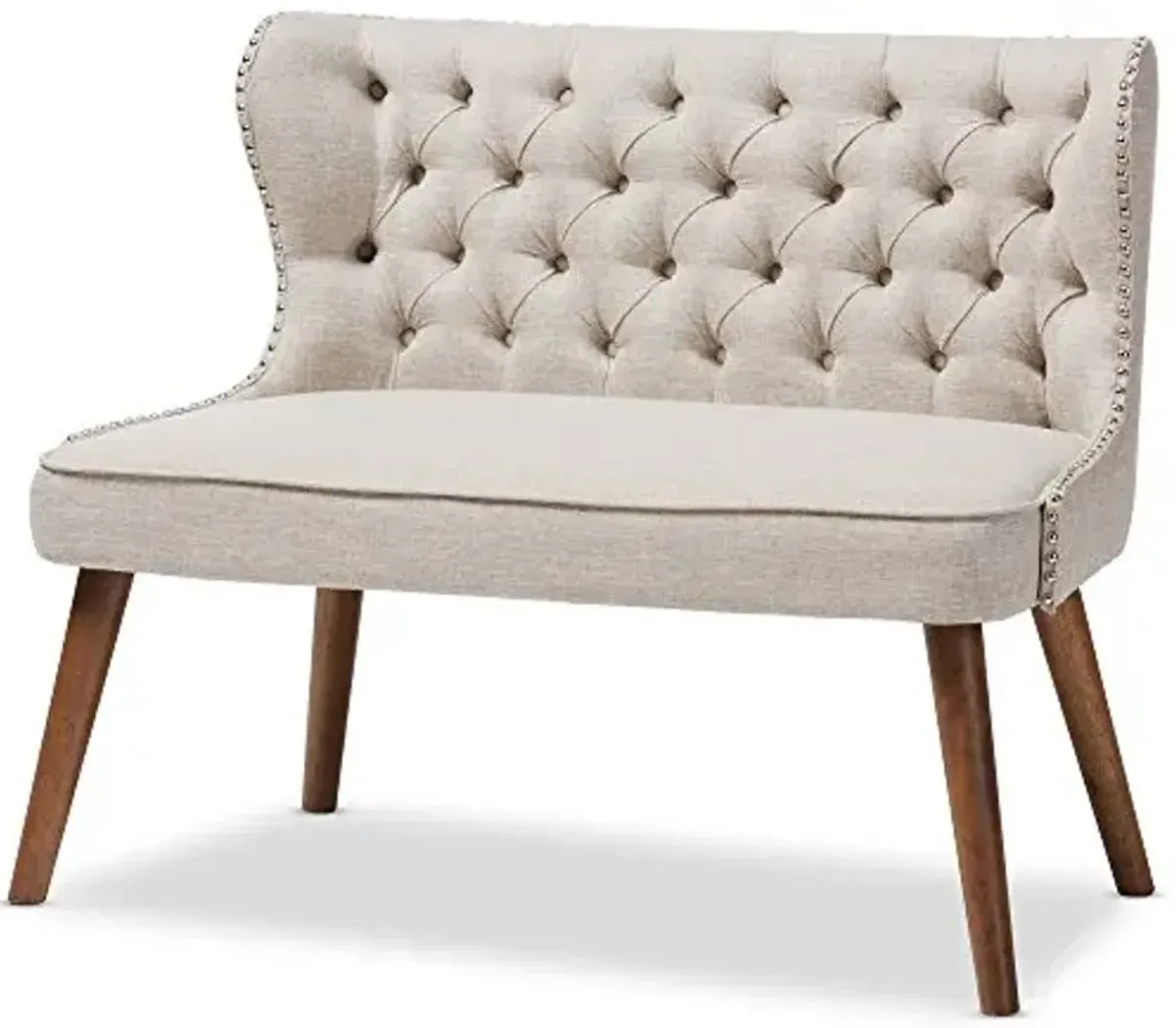 Baxton Studio Sydney Walnut Wood Button-Tufting with Nailheads Trim 2-Seater Loveseat Settee, Light Beige