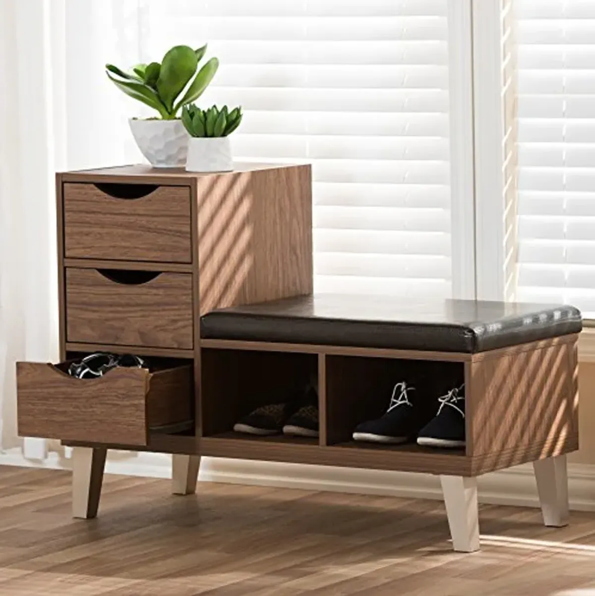 Baxton Studio Jaime Walnut Wood 3-Drawer Shoe Storage Padded Leatherette Seating Bench with Two Open Shelves