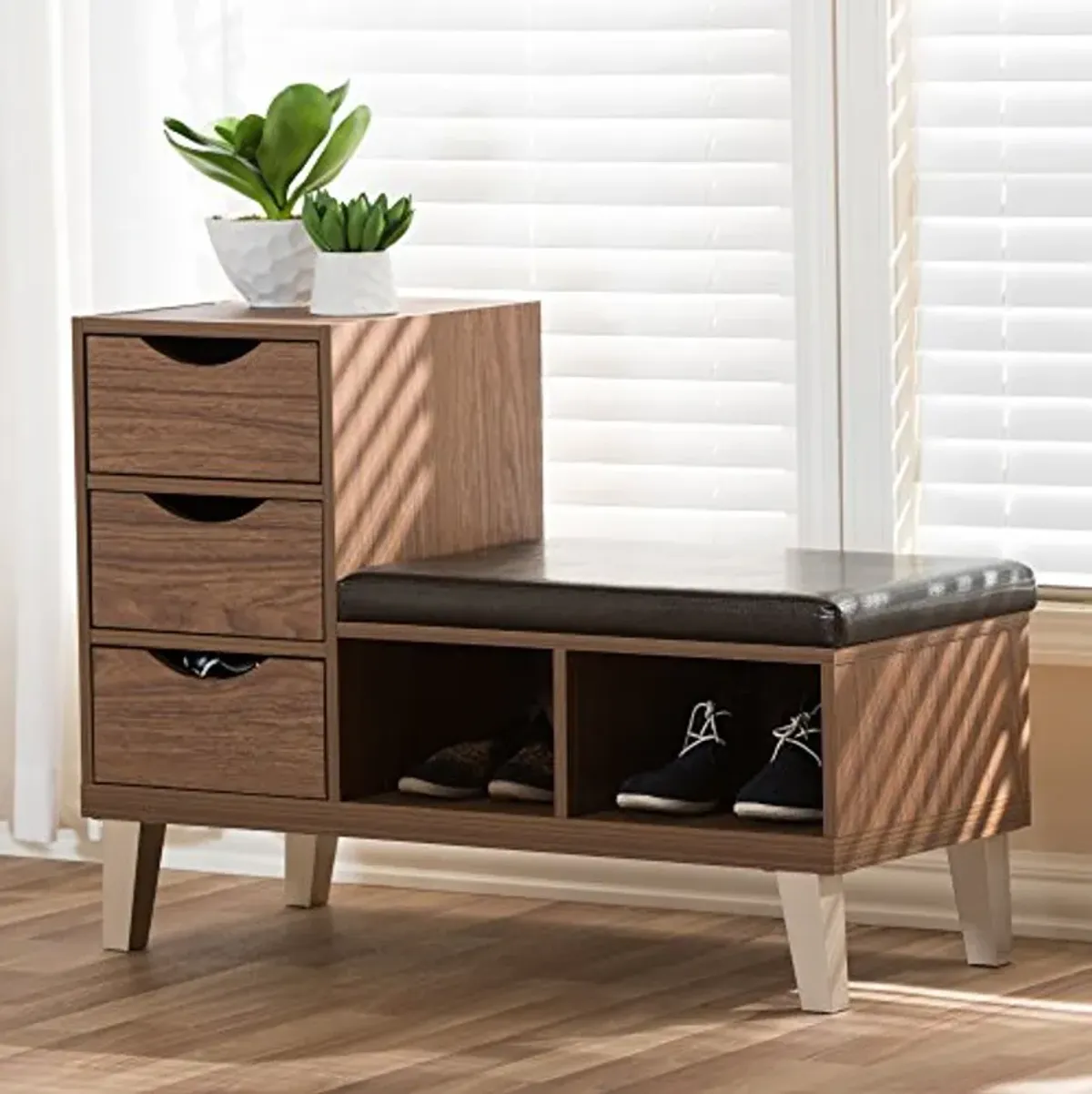 Baxton Studio Jaime Walnut Wood 3-Drawer Shoe Storage Padded Leatherette Seating Bench with Two Open Shelves