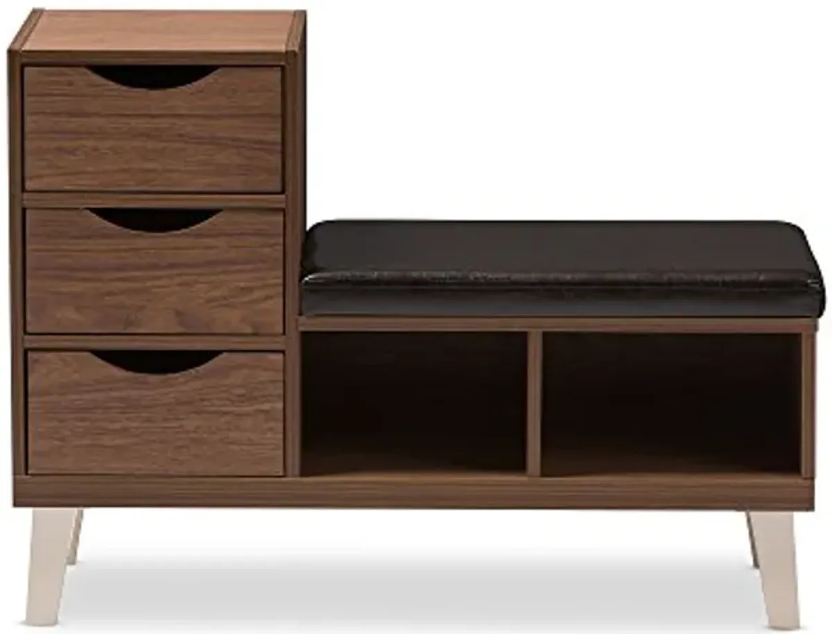 Baxton Studio Jaime Walnut Wood 3-Drawer Shoe Storage Padded Leatherette Seating Bench with Two Open Shelves