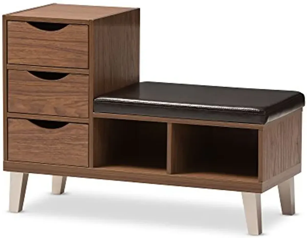 Baxton Studio Jaime Walnut Wood 3-Drawer Shoe Storage Padded Leatherette Seating Bench with Two Open Shelves