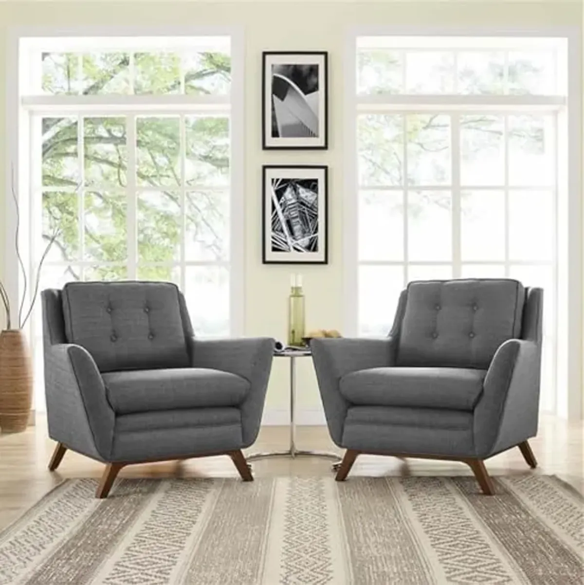 Modway Beguile Mid-Century Two Modern Armchair Set Upholstered Fabric in Gray