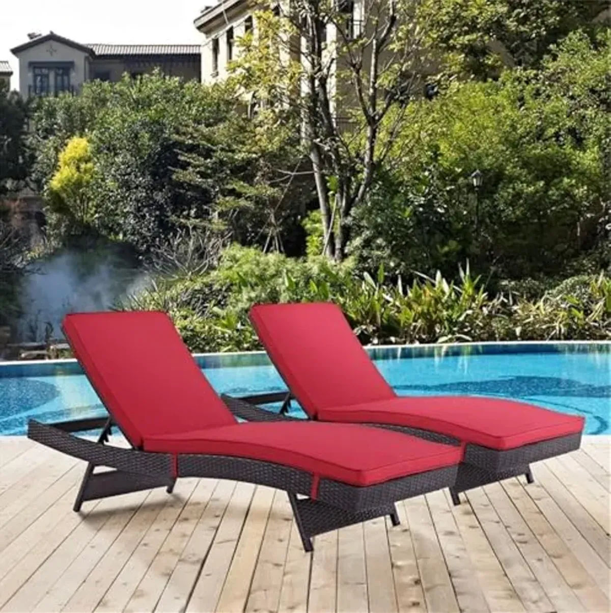 Modway Convene Wicker Rattan Outdoor Patio Chaise Lounge Chairs in Espresso Red - Set of 2