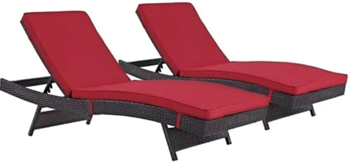 Modway Convene Wicker Rattan Outdoor Patio Chaise Lounge Chairs in Espresso Red - Set of 2