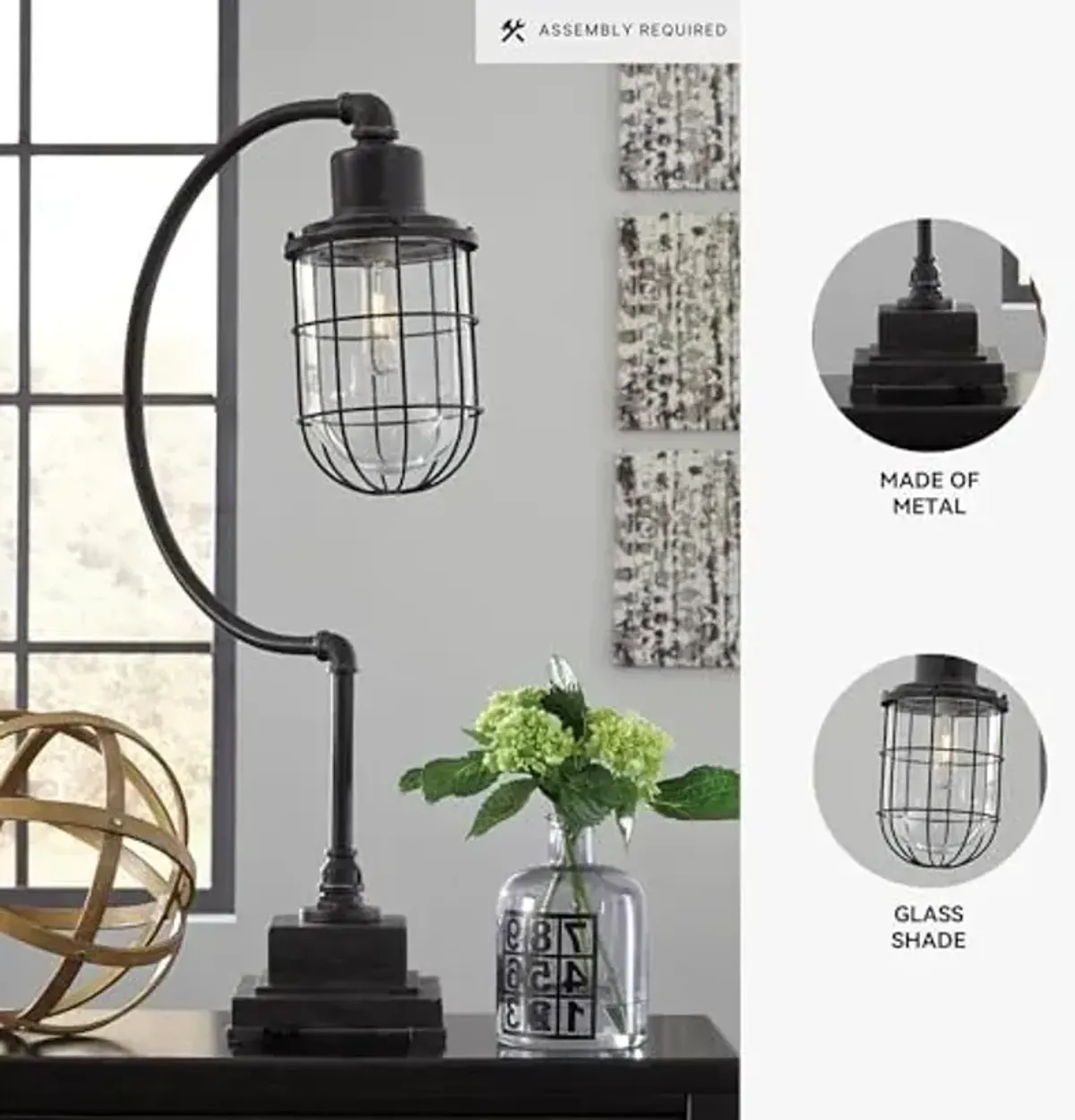 Signature Design by Ashley Jae Industrial 33.25" Metal Desk Lamp with Glass Shade, Black with Antique Finish