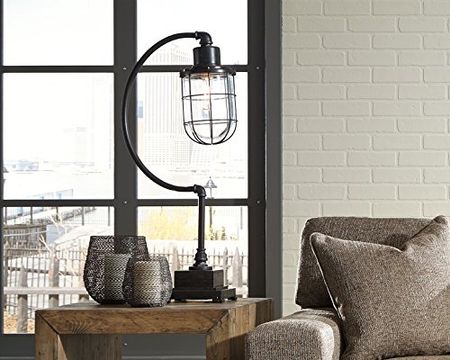 Signature Design by Ashley Jae Industrial 33.25" Metal Desk Lamp with Glass Shade, Black with Antique Finish