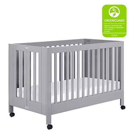 Babyletto Maki Full-Size 2-in-1 Portable Folding Crib with Toddler Bed Conversion Kit in Grey, Greenguard Gold Certified