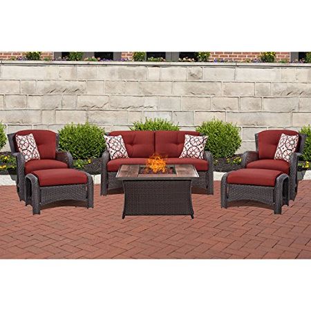 Hanover 6 Piece Strathmere Lounge Set Table Outdoor Furniture, Tile, Crimson Red with Wood Grain Top Fire Pit