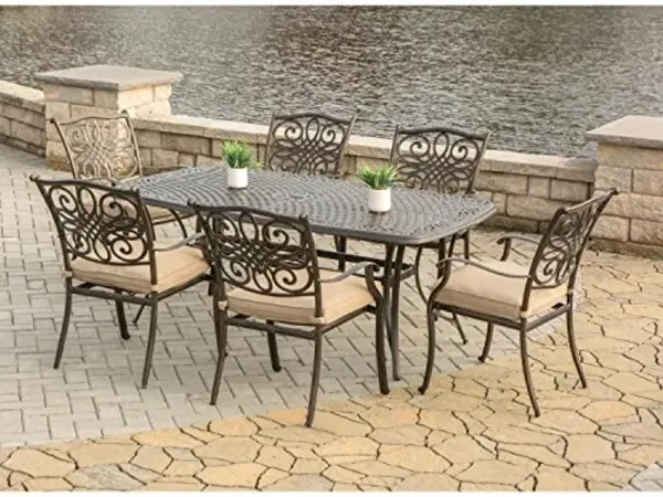 Hanover Traditions 7-Piece Rust-Resistant Aluminum Outdoor Patio Dining Set with Tan Cushions, Outdoor Dining Chairs, and Aluminum Rectangular Outdoor Dining Table, All-Weather Patio Dining Set for 6