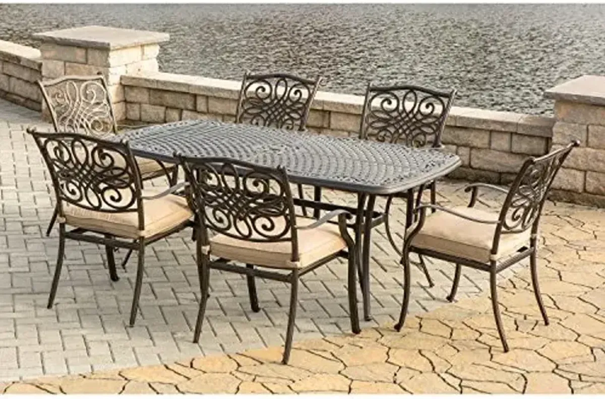 Hanover Traditions 7-Piece Rust-Resistant Aluminum Outdoor Patio Dining Set with Tan Cushions, Outdoor Dining Chairs, and Aluminum Rectangular Outdoor Dining Table, All-Weather Patio Dining Set for 6