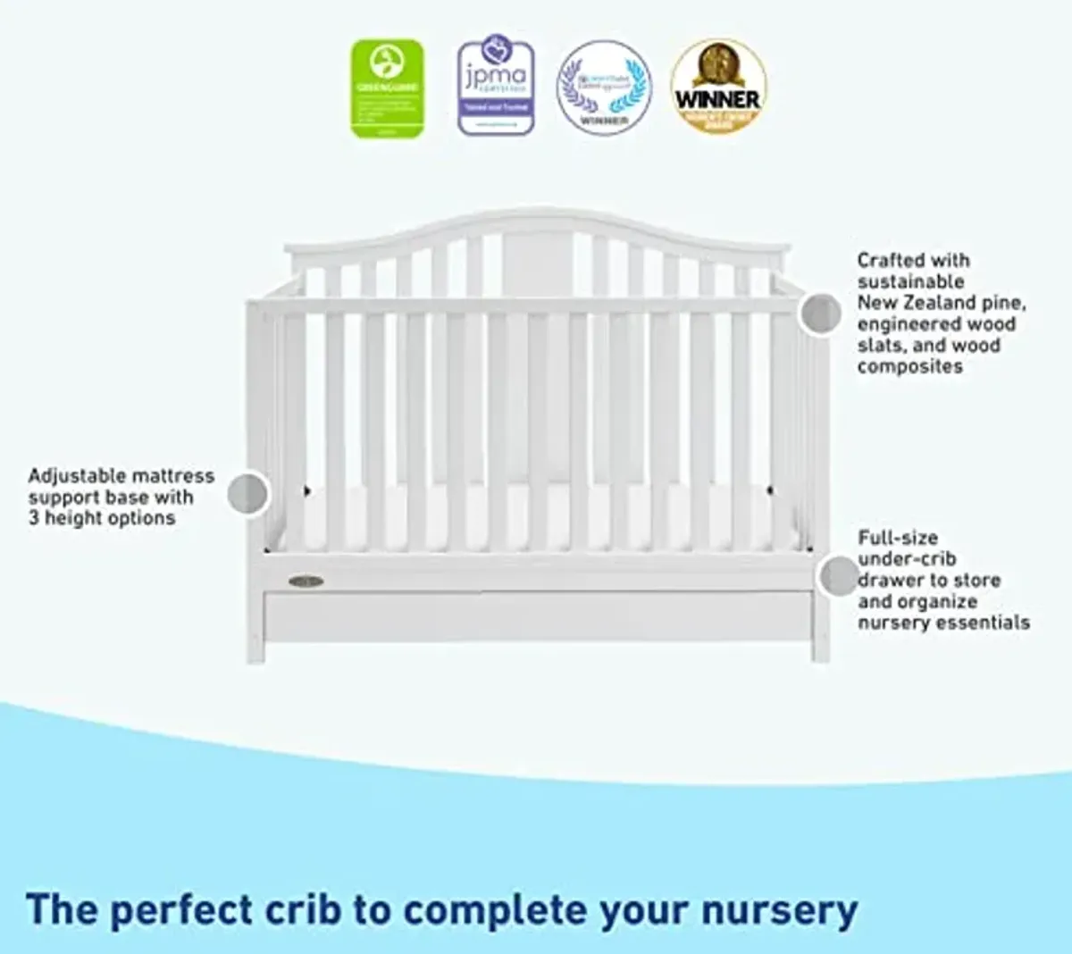 Graco Solano 4-in-1 Convertible Crib with Drawer Combo (White) – GREENGUARD Gold Certified, Includes Full-Size Nursery Storage Drawer, Converts to Toddler Bed and Full-Size Bed