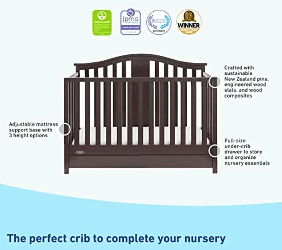 Graco Solano 4-in-1 Convertible Crib with Drawer (Espresso) – GREENGUARD Gold Certified, Crib with Drawer Combo, Includes Full-Size Nursery Storage Drawer, Converts to Toddler Bed and Full-Size Bed