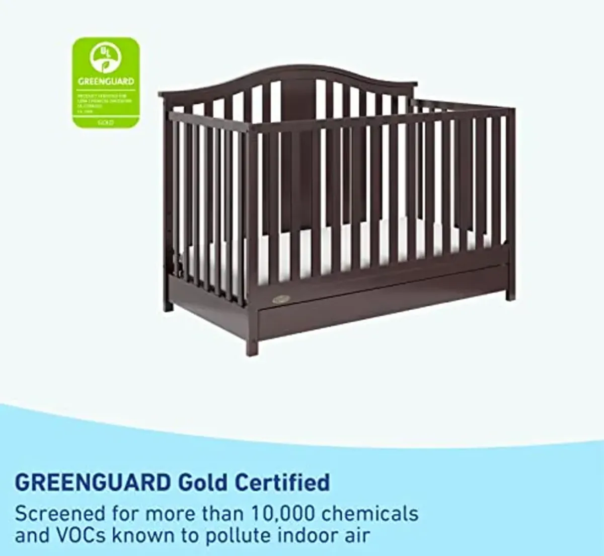 Graco Solano 4-in-1 Convertible Crib with Drawer (Espresso) – GREENGUARD Gold Certified, Crib with Drawer Combo, Includes Full-Size Nursery Storage Drawer, Converts to Toddler Bed and Full-Size Bed