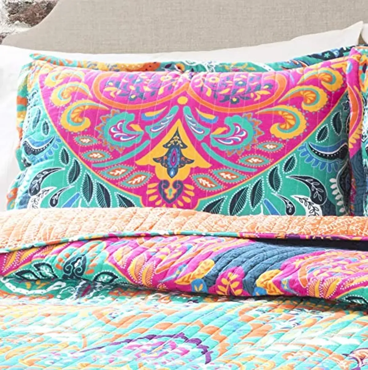 Lush Decor Boho Chic Reversible Cotton Quilt 3-Piece Set, King, Turquoise & Navy - Bright Paisley Print, Vibrant & Colorful Bohemian Bedding Set