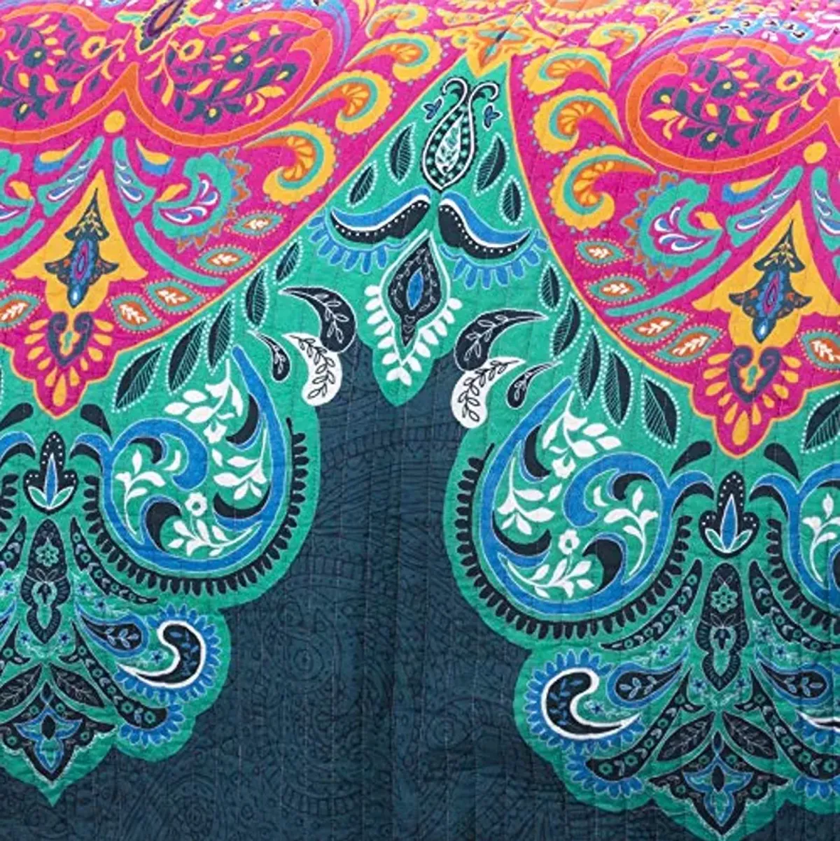 Lush Decor Boho Chic Reversible Cotton Quilt 3-Piece Set, King, Turquoise & Navy - Bright Paisley Print, Vibrant & Colorful Bohemian Bedding Set