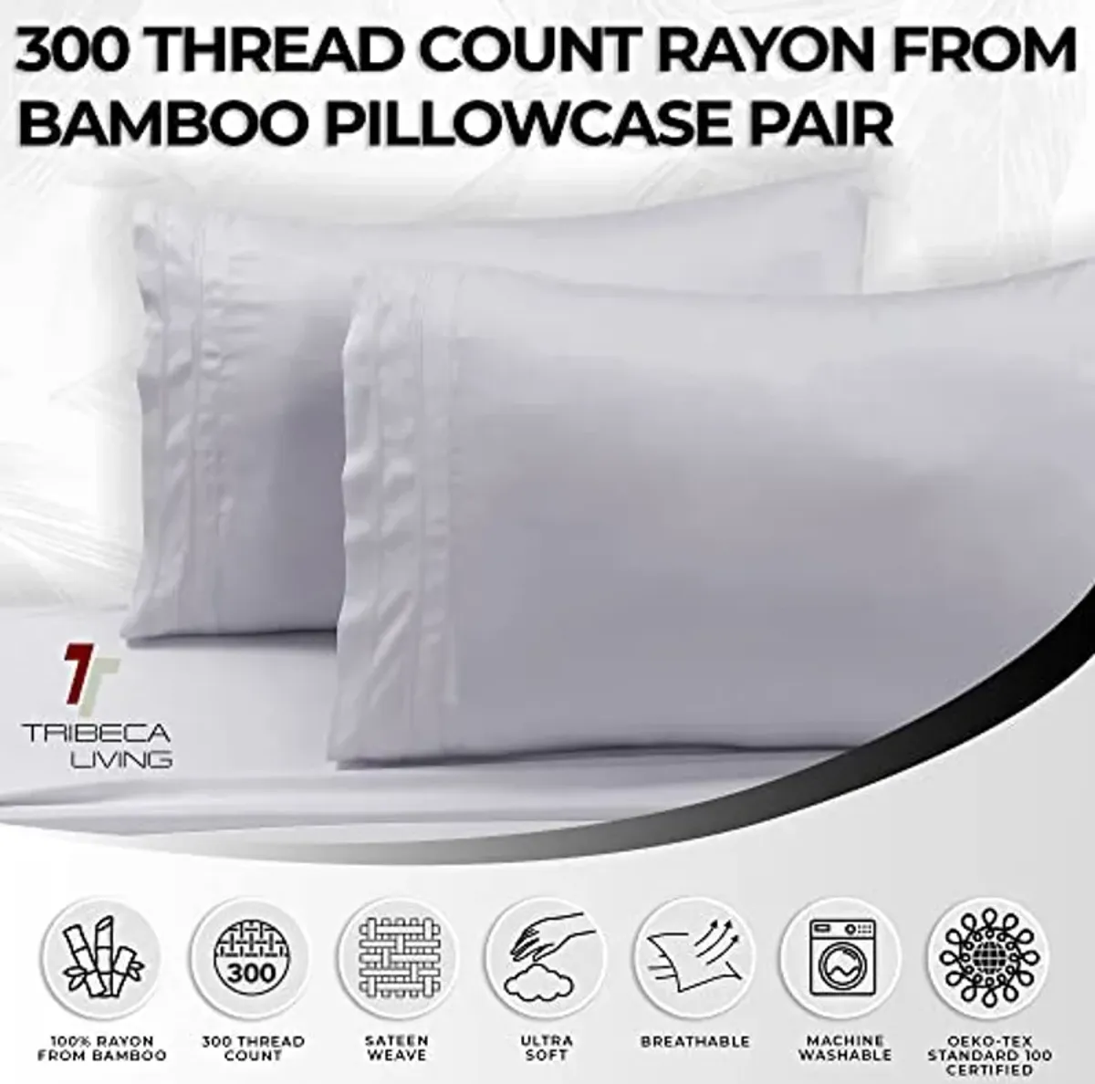 Tribeca Living BAMB300PCSTWH 300 TC Rayon from Bamboo Pillow Pair, Standard (Pack of 2), White