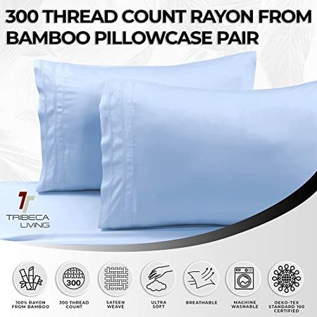 Tribeca Living BAMB300PCSTBL 300 TC Rayon from Bamboo Pillow Pair, Standard (Pack of 2), Spa Blue