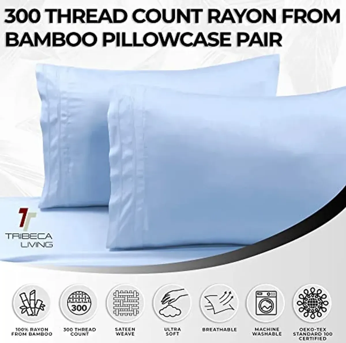 Tribeca Living BAMB300PCSTBL 300 TC Rayon from Bamboo Pillow Pair, Standard (Pack of 2), Spa Blue