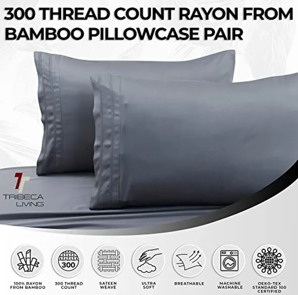 Tribeca Living BAMB300PCSTST 300 TC Rayon from Bamboo Pillow Pair, Standard (Pack of 2), Steel Grey