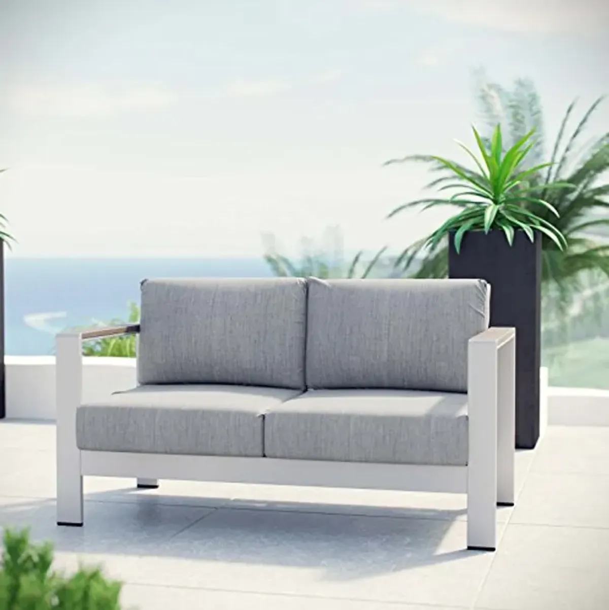 Modway Shore Aluminum Outdoor Patio Loveseat in Silver Gray