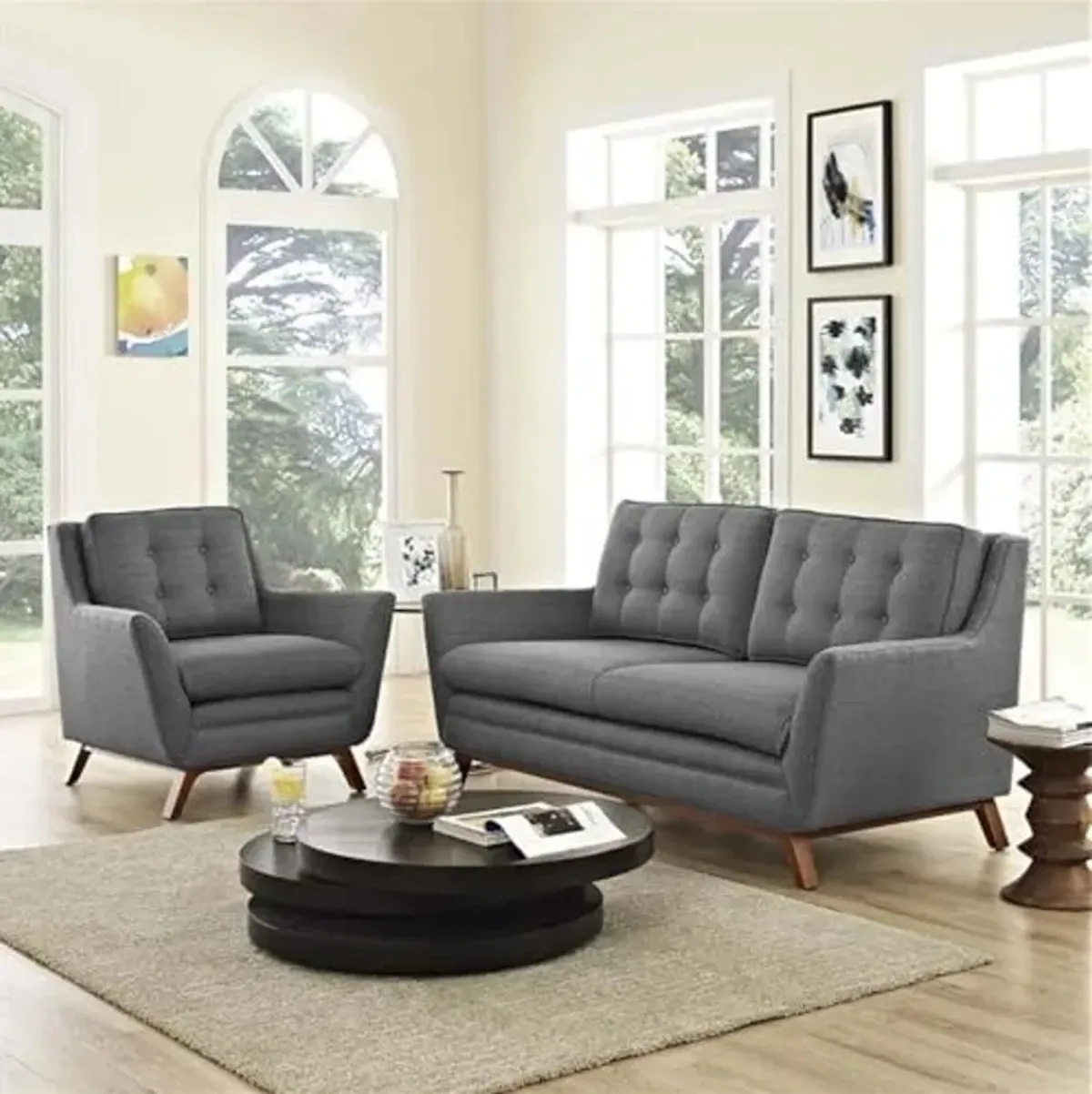 Modway Beguile Mid-Century Modern Loveseat Upholstered Fabric with Loveseat and Armchair in Gray