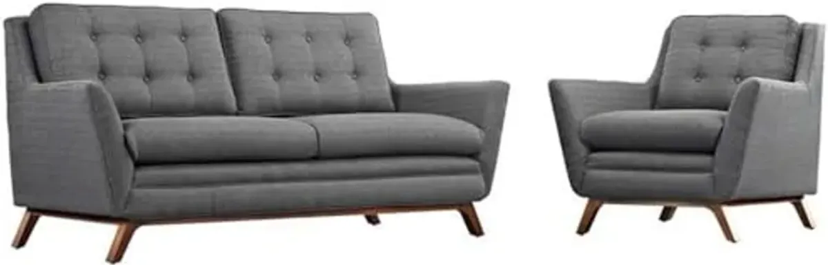 Modway Beguile Mid-Century Modern Loveseat Upholstered Fabric with Loveseat and Armchair in Gray