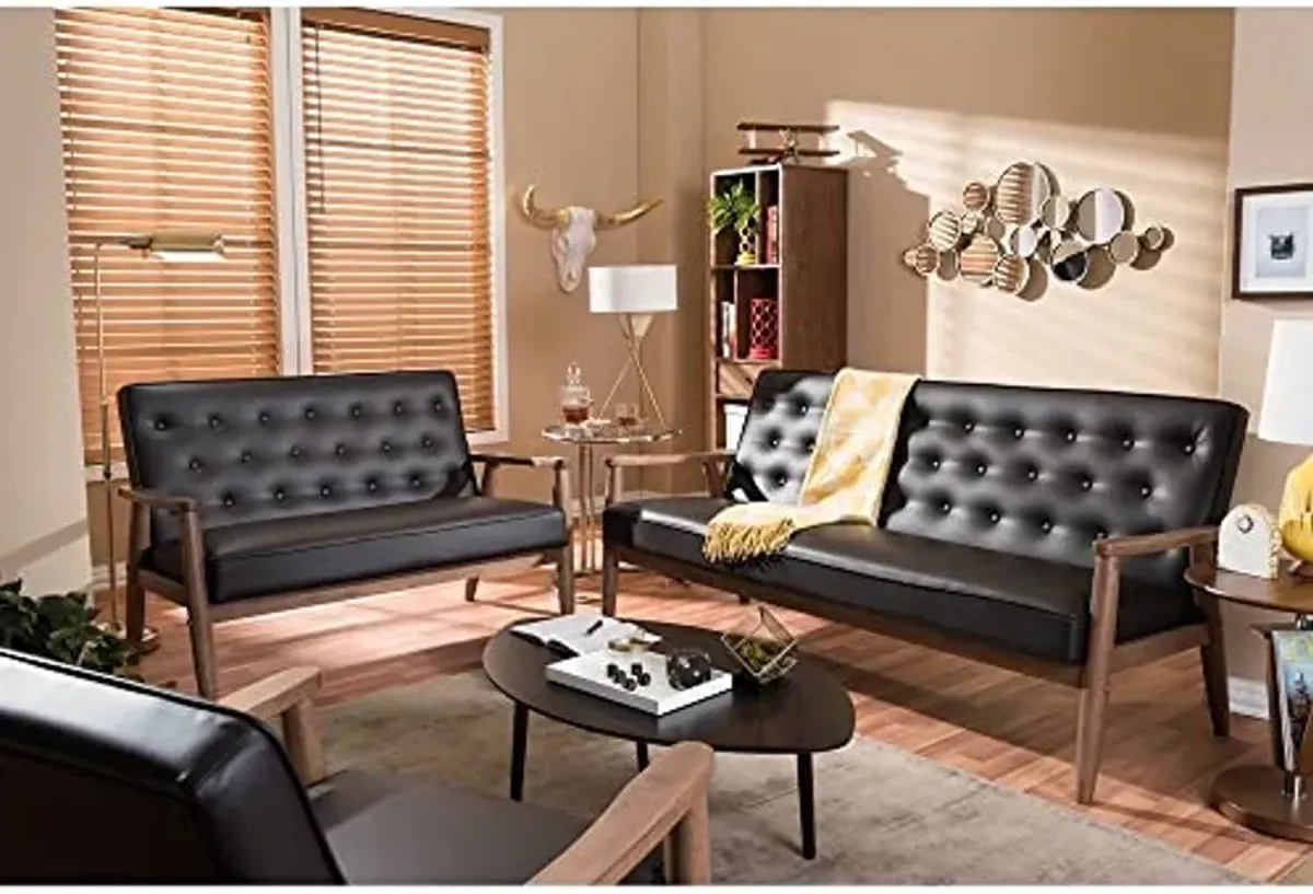 Baxton Studio Sorrento Mid-Century Retro Modern Brown Faux Leather Upholstered Wooden 3 Piece Living Room Set