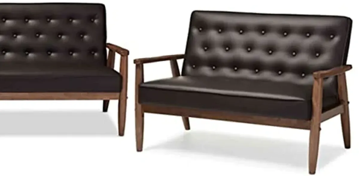 Baxton Studio Sorrento Mid-Century Retro Modern Brown Faux Leather Upholstered Wooden 3 Piece Living Room Set