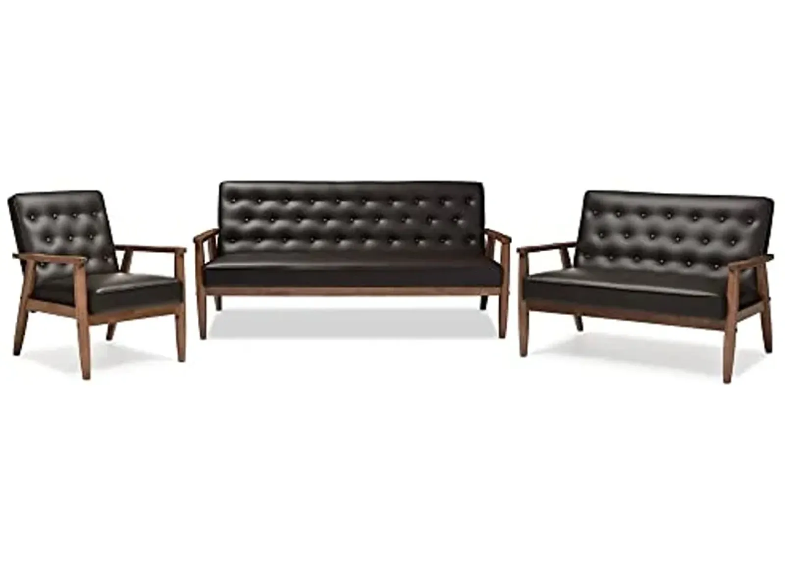 Baxton Studio Sorrento Mid-Century Retro Modern Brown Faux Leather Upholstered Wooden 3 Piece Living Room Set