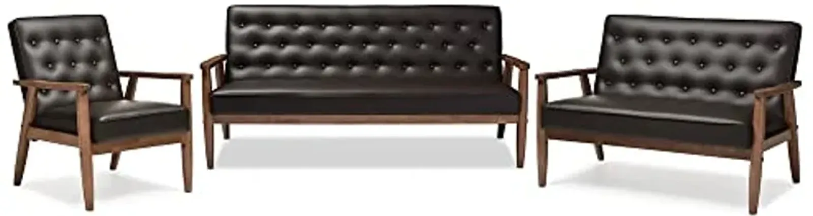 Baxton Studio Sorrento Mid-Century Retro Modern Brown Faux Leather Upholstered Wooden 3 Piece Living Room Set