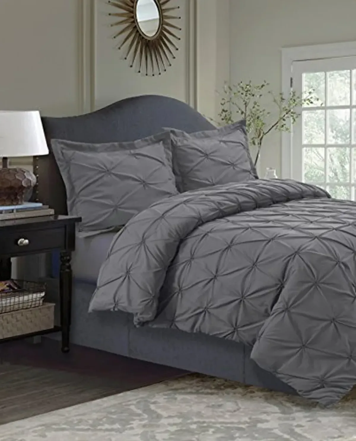 Tribeca Living Plain Bed, Pintuck Microfiber, Wrinkle Resistant, Three Piece Includes One Two Sham Pillowcases Duvet Cover Set, Twin, Grey, 2