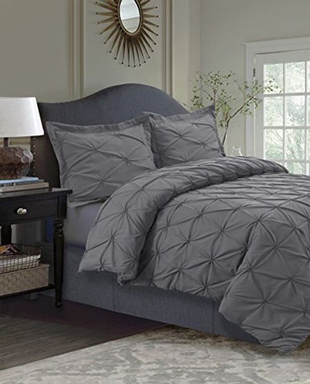 Tribeca Living Plain Bed, Pintuck Microfiber, Wrinkle Resistant, Three Piece Includes One Two Sham Pillowcases Duvet Cover Set, Queen, Grey, 3