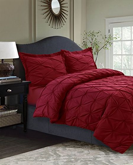 Tribeca Living Twin Duvet Cover Set, Plain Bed Set, Pintuck Microfiber, Wrinkle Resistant, Two Piece Set Includes One Duvet Cover and Sham Pillowcase, Sydney/Deep Red