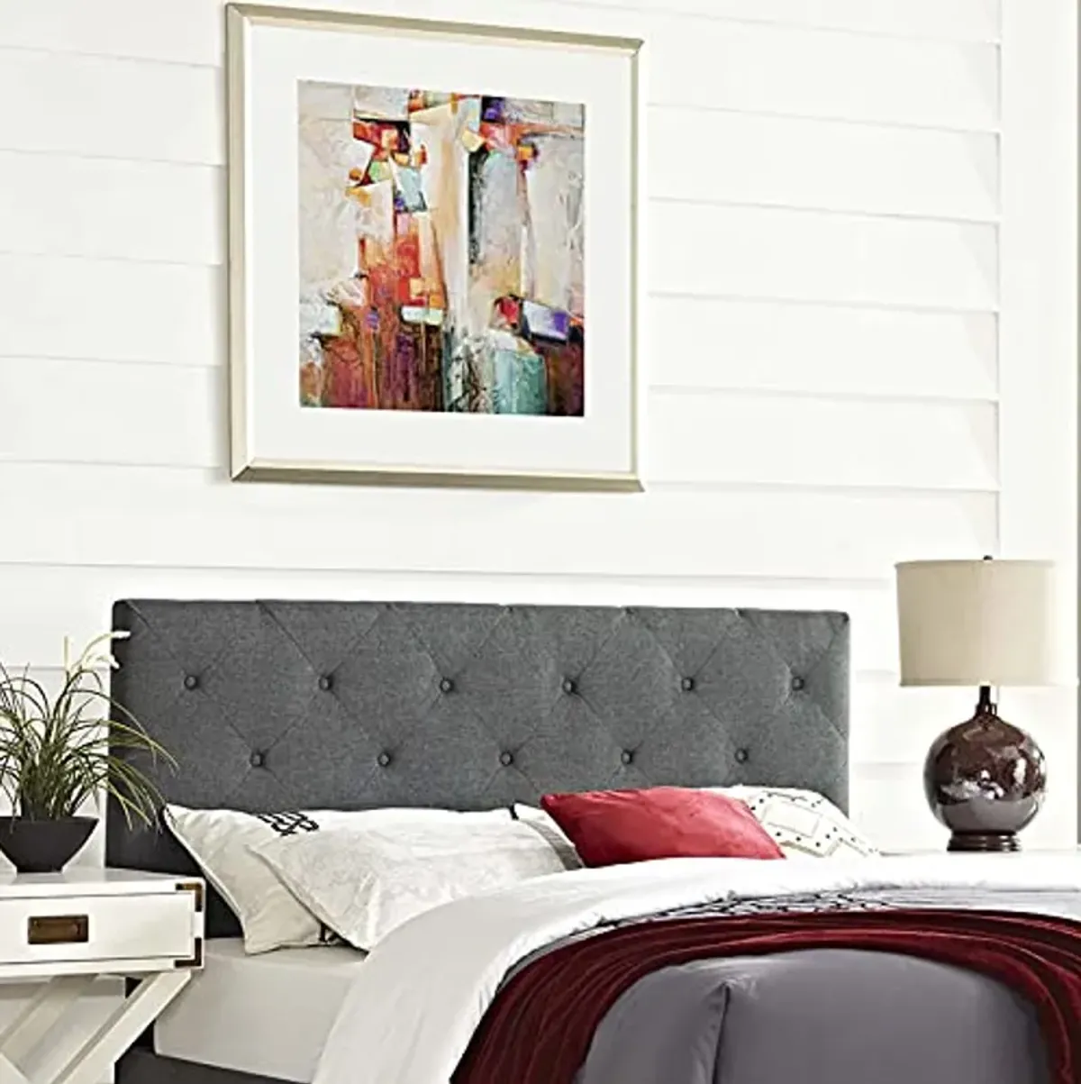 Modway Terisa Tufted Button Diamond Pattern Linen Fabric Upholstered King Headboard in Gray