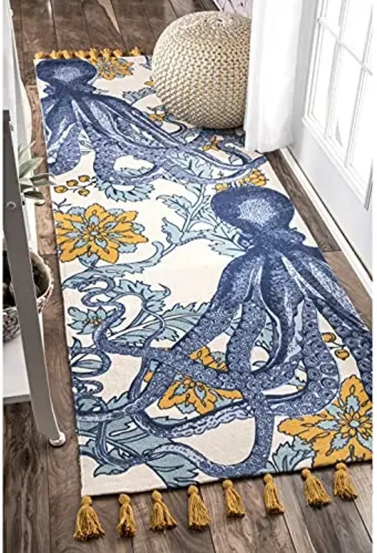 Nuloom Thomas Paul Blue Multicolor/Ivory, 2'8" x 8', Handmade, Octopus Print, Cotton, Soft and Cozy, High Traffic, Stain Resistant, Easy Clean, Durable Runner for Bedroom, Living Room, Dining, Den