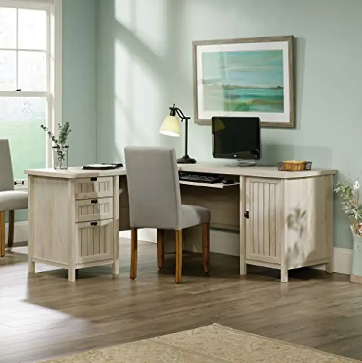 Sauder Costa L-Shaped Desk with Drawers, Corner Desk with Storage and Keyboard Tray, in Chalked Chestnut