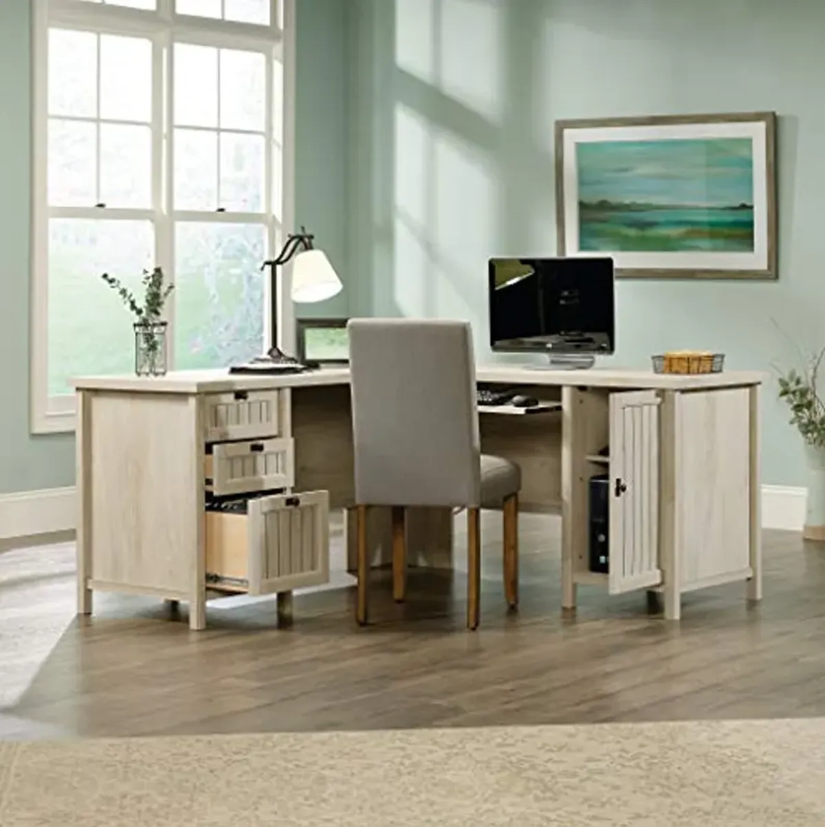 Sauder Costa L-Shaped Desk with Drawers, Corner Desk with Storage and Keyboard Tray, in Chalked Chestnut