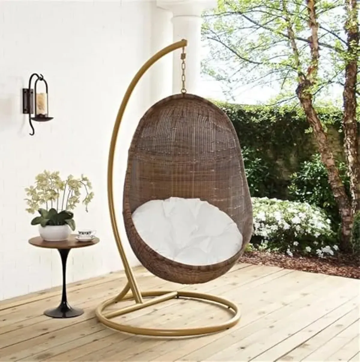 Modway EEI-2277-YLW-WHI-SET Bean Wicker Rattan Outdoor Patio Balcony Porch Lounge Swing Chair Set with Stand Coffee White