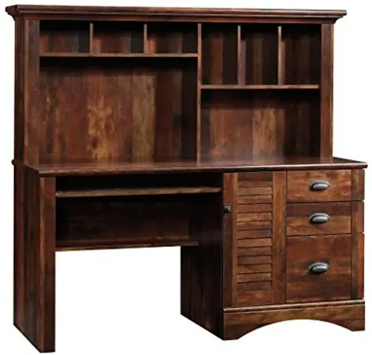 Sauder Harbor View Home Office Computer Desk with Hutch, Keyboard Tray, in Curado Cherry finish