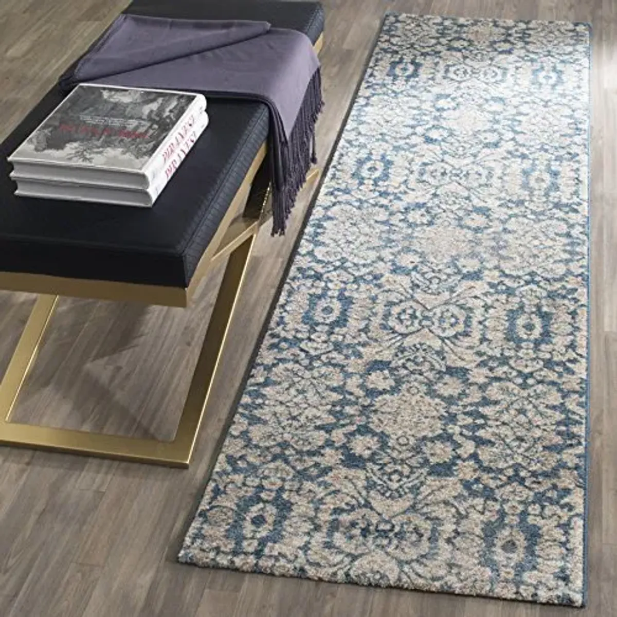 SAFAVIEH Sofia Collection 2'2" x 6' Blue / Beige SOF381C Vintage Oriental Distressed Non-Shedding Living Room Entryway Foyer Hallway Bedroom Runner Rug