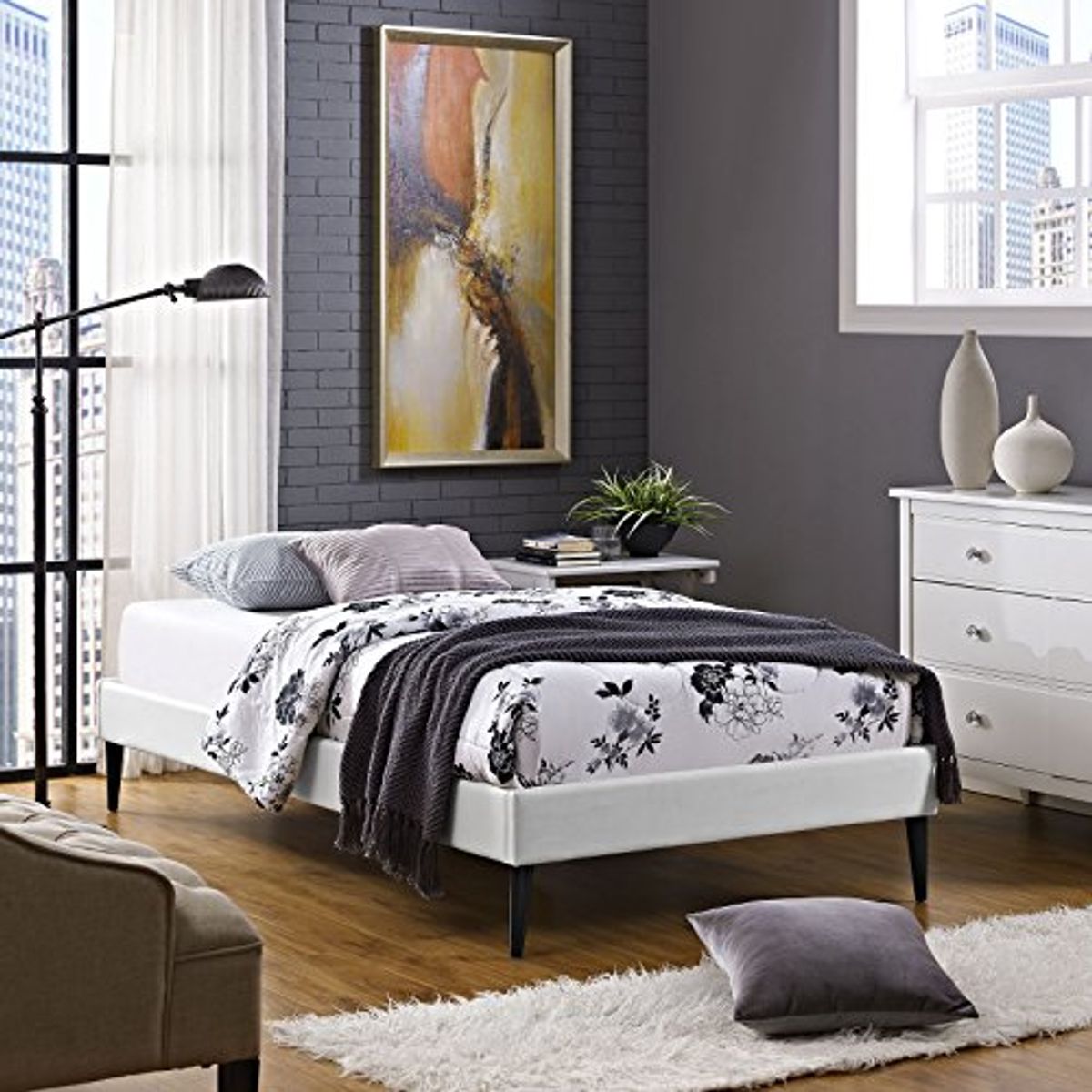 Modway Sherry Vinyl Bed Frame with Round Tapered Legs, Twin, White