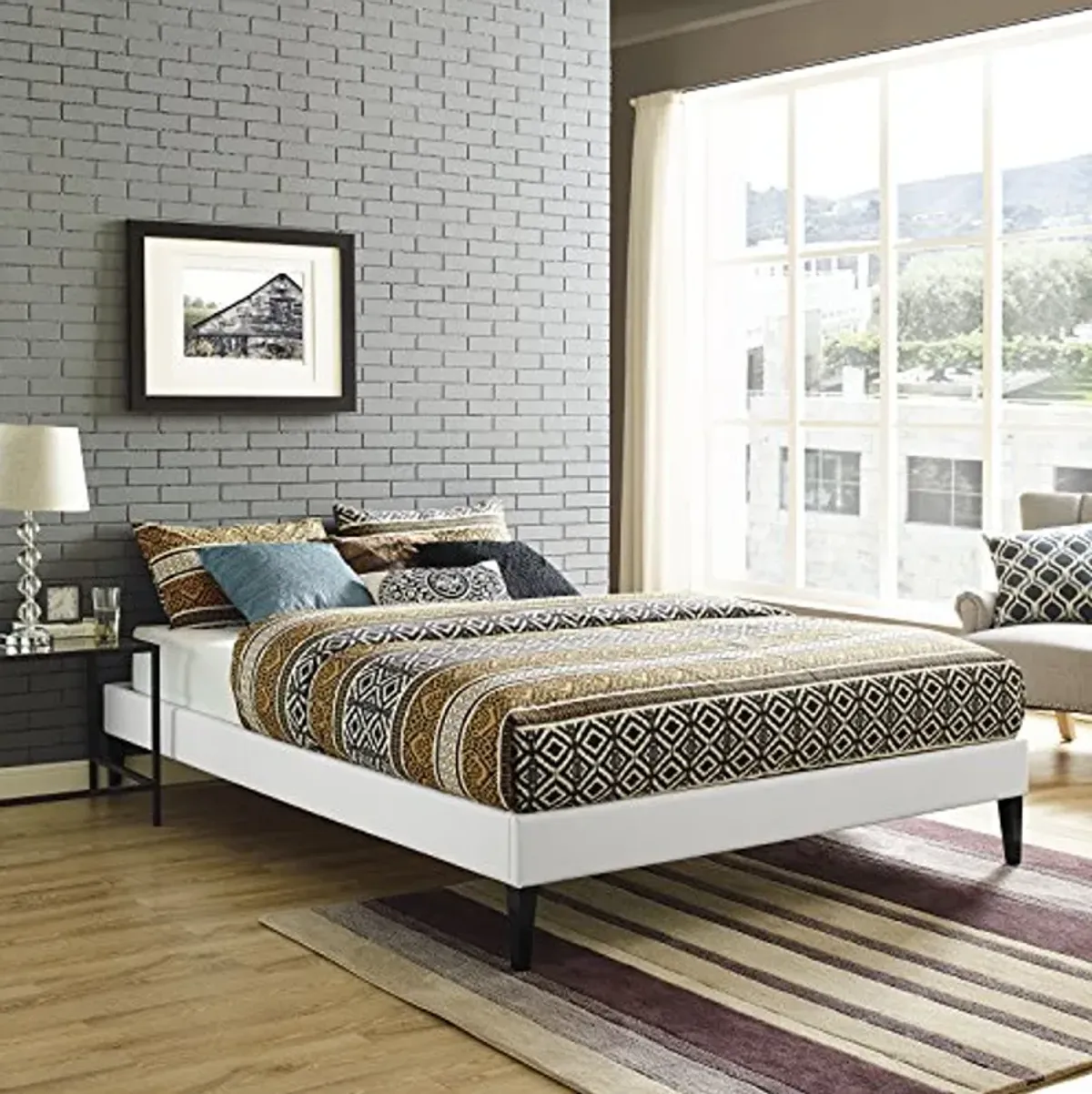 Modway Sharon Vinyl Bed Frame with Squared Tapered Legs, Queen, White