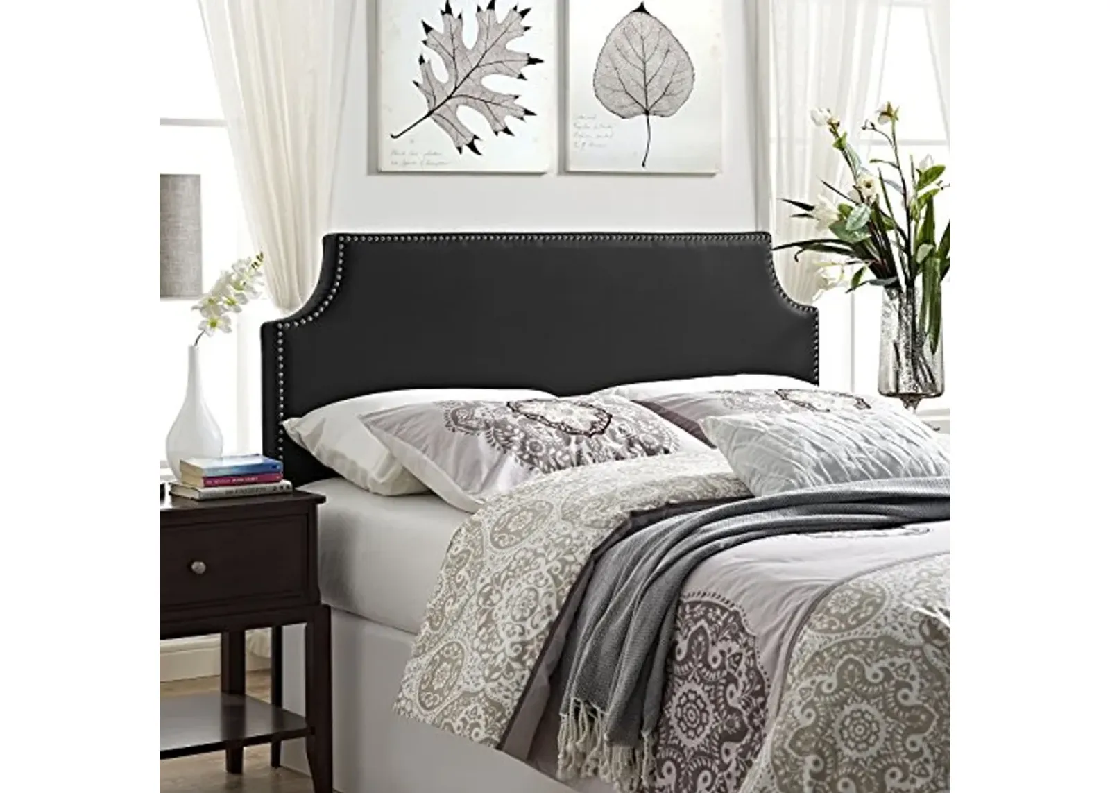 Modway Laura Vegan Leather Upholstered Queen Size Headboard with Nailhead Trim in Black