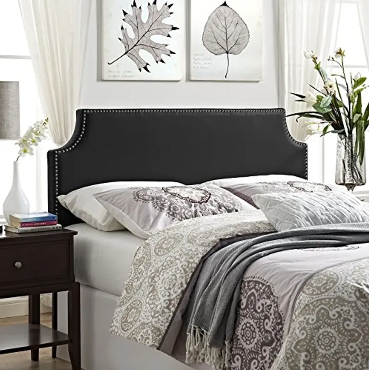 Modway Laura Vegan Leather Upholstered Queen Size Headboard with Nailhead Trim in Black